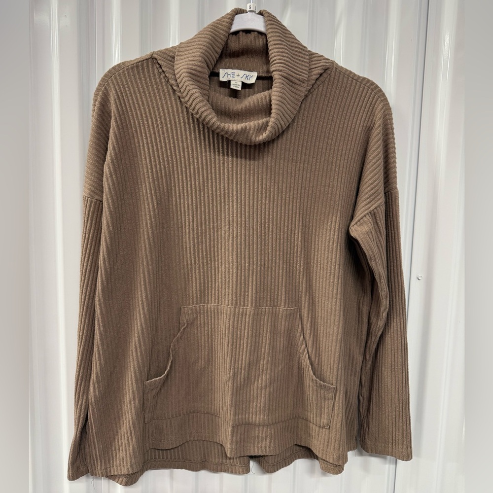 She + Sky Brown Ribbed Cowl Neck Blouse